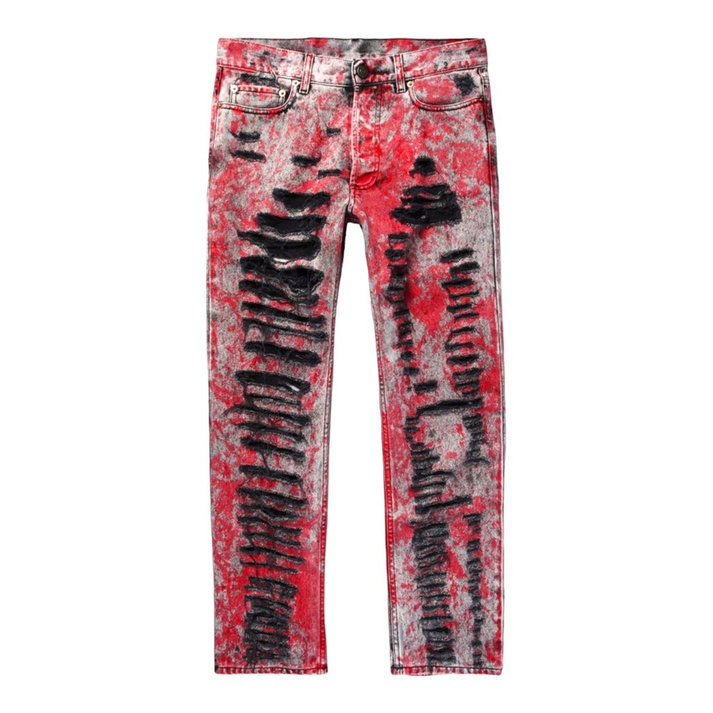 GUCCI BLACK AND RED OVERDYED DISTRESSED RIPPED JEANS